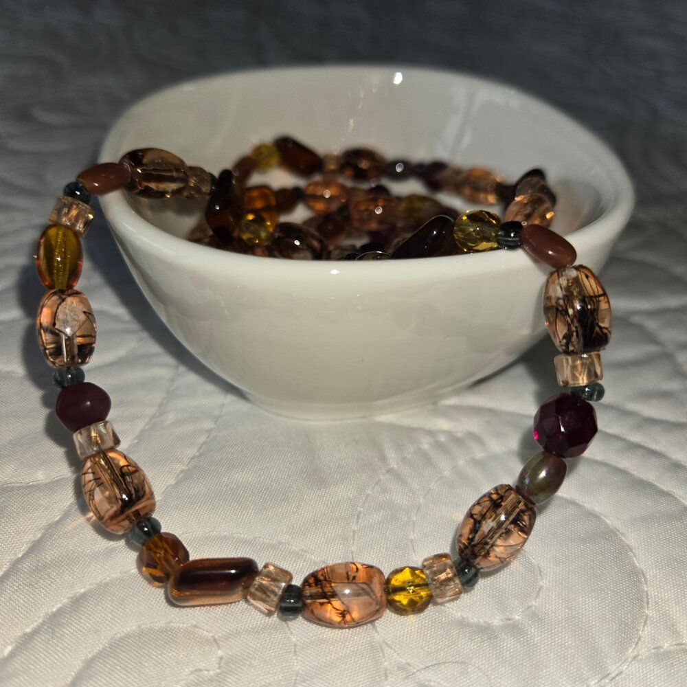 Handmade Beaded Necklace or Wrap Bracelet Brown, Red, Orange Bohemian - Picture 6 of 7